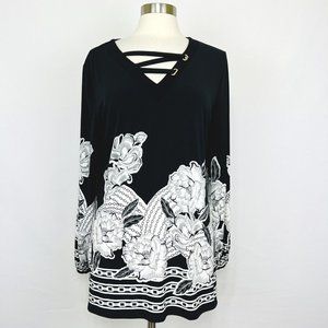 JM Collection L Tunic Top Black White Floral Gold Neckline Liquid Knit #SS